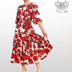 Yishang / Midi Ruffled Floral Poppy Dress / Color Red White Green / Size S